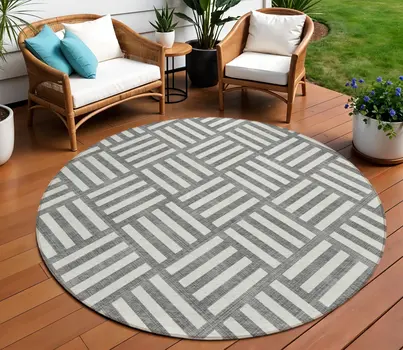 8' Charcoal And Ivory Round Geometric Washable Indoor Outdoor Area Rug
