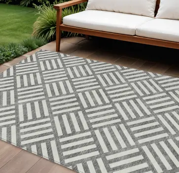 10' X 14' Charcoal And Ivory Geometric Washable Indoor Outdoor Area Rug