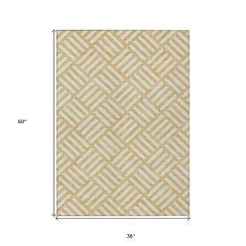 3' X 5' Gold And Ivory Geometric Washable Indoor Outdoor Area Rug