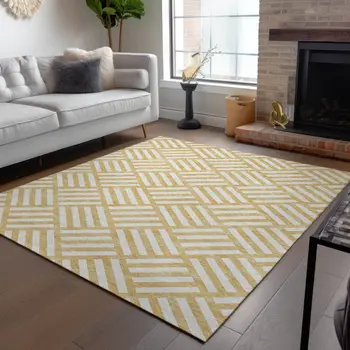9' X 12' Gold And Ivory Geometric Washable Indoor Outdoor Area Rug