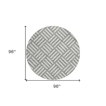 8' Gray And Ivory Round Geometric Washable Indoor Outdoor Area Rug