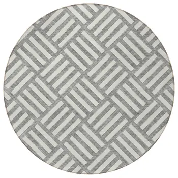 8' Gray And Ivory Round Geometric Washable Indoor Outdoor Area Rug