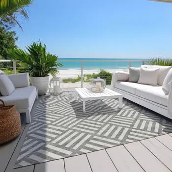 9' X 12' Gray And Ivory Geometric Washable Indoor Outdoor Area Rug