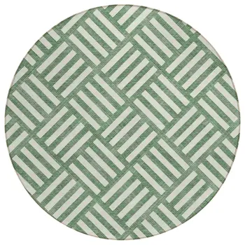 8' Green And Ivory Round Geometric Washable Indoor Outdoor Area Rug