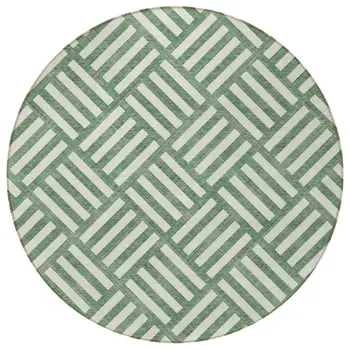 8' Green And Ivory Round Geometric Washable Indoor Outdoor Area Rug