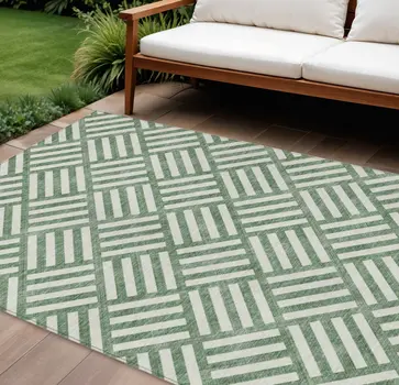 9' X 12' Green And Ivory Geometric Washable Indoor Outdoor Area Rug