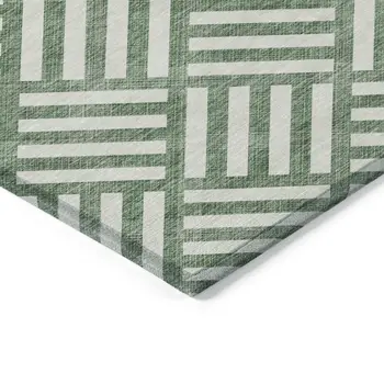 9' X 12' Green And Ivory Geometric Washable Indoor Outdoor Area Rug