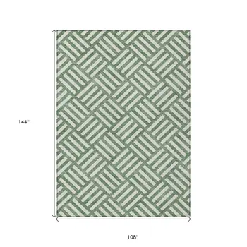 9' X 12' Green And Ivory Geometric Washable Indoor Outdoor Area Rug