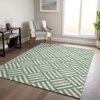 9' X 12' Green And Ivory Geometric Washable Indoor Outdoor Area Rug