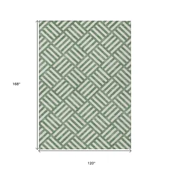 10' X 14' Green And Ivory Geometric Washable Indoor Outdoor Area Rug