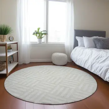 8' Ivory And Beige Round Geometric Washable Indoor Outdoor Area Rug