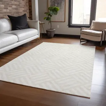 8' X 10' Ivory And Beige Geometric Washable Indoor Outdoor Area Rug