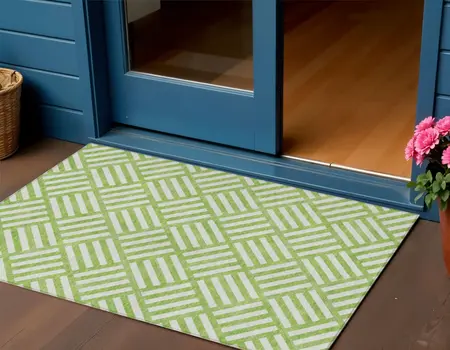 3' X 5' Lime Green And Ivory Geometric Washable Indoor Outdoor Area Rug