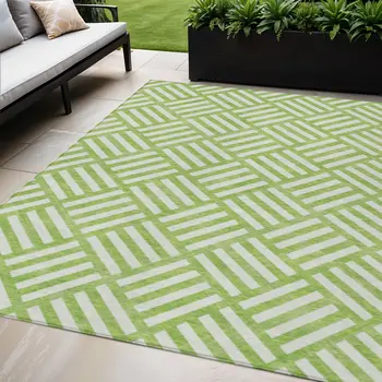 5' X 8' Lime Green And Ivory Geometric Washable Indoor Outdoor Area Rug