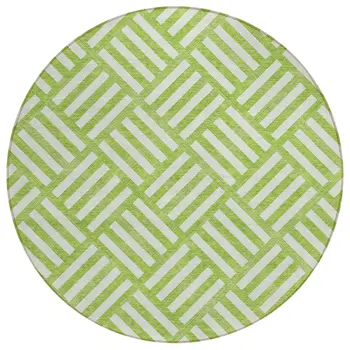 8' Lime Green And Ivory Round Geometric Washable Indoor Outdoor Area Rug