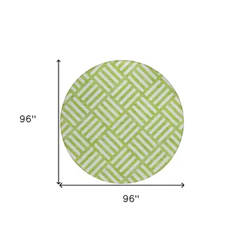8' Lime Green And Ivory Round Geometric Washable Indoor Outdoor Area Rug