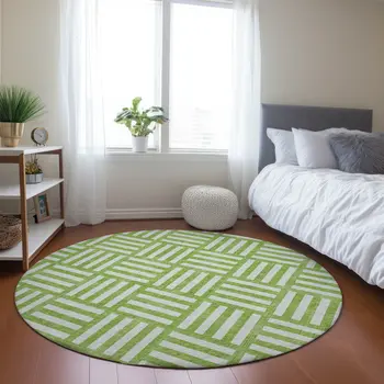 8' Lime Green And Ivory Round Geometric Washable Indoor Outdoor Area Rug