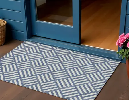 3' X 5' Navy Blue And Ivory Geometric Washable Indoor Outdoor Area Rug