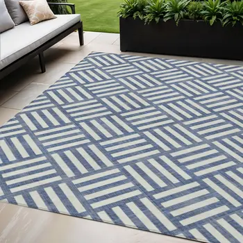 5' X 8' Navy Blue And Ivory Geometric Washable Indoor Outdoor Area Rug