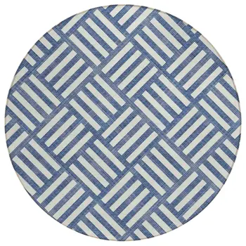 8' Navy Blue And Ivory Round Geometric Washable Indoor Outdoor Area Rug