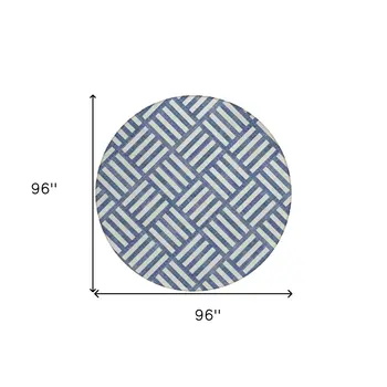 8' Navy Blue And Ivory Round Geometric Washable Indoor Outdoor Area Rug