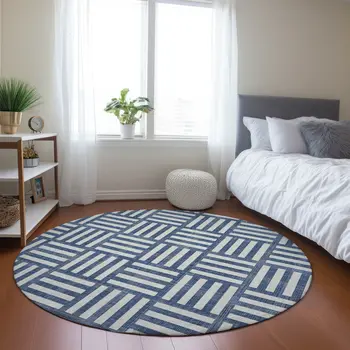 8' Navy Blue And Ivory Round Geometric Washable Indoor Outdoor Area Rug
