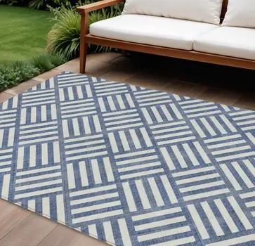 8' X 10' Navy Blue And Ivory Geometric Washable Indoor Outdoor Area Rug