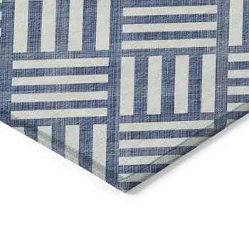 9' X 12' Navy Blue And Ivory Geometric Washable Indoor Outdoor Area Rug