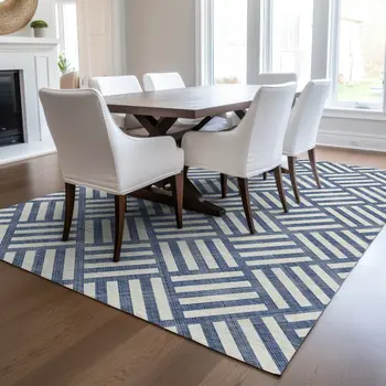 9' X 12' Navy Blue And Ivory Geometric Washable Indoor Outdoor Area Rug