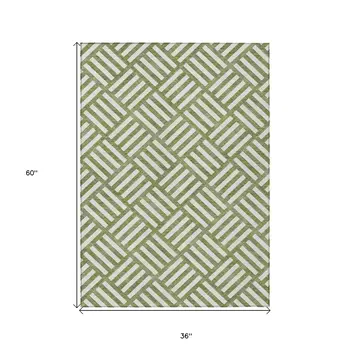 3' X 5' Olive Green And Ivory Geometric Washable Indoor Outdoor Area Rug