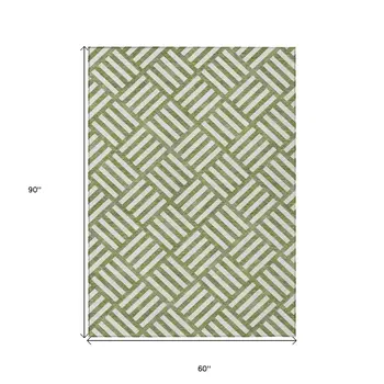 5' X 8' Olive Green And Ivory Geometric Washable Indoor Outdoor Area Rug