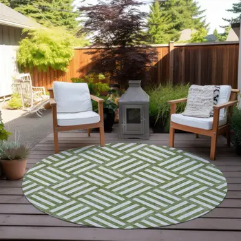 8' Olive Green And Ivory Round Geometric Washable Indoor Outdoor Area Rug