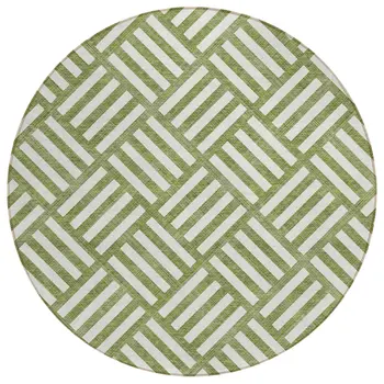 8' Olive Green And Ivory Round Geometric Washable Indoor Outdoor Area Rug