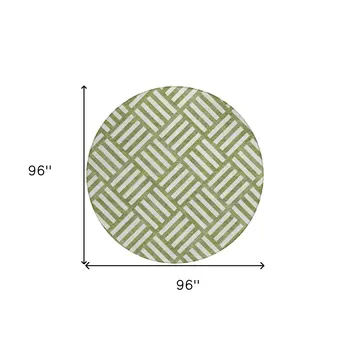 8' Olive Green And Ivory Round Geometric Washable Indoor Outdoor Area Rug