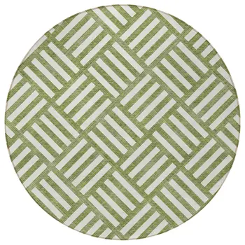 8' Olive Green And Ivory Round Geometric Washable Indoor Outdoor Area Rug
