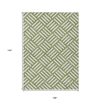 9' X 12' Olive Green And Ivory Geometric Washable Indoor Outdoor Area Rug
