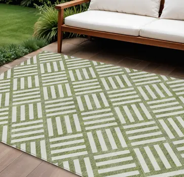 10' X 14' Olive Green And Ivory Geometric Washable Indoor Outdoor Area Rug