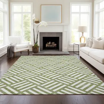 10' X 14' Olive Green And Ivory Geometric Washable Indoor Outdoor Area Rug