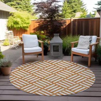 8' Orange And Ivory Round Geometric Washable Indoor Outdoor Area Rug