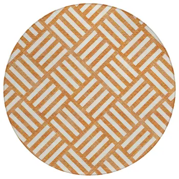 8' Orange And Ivory Round Geometric Washable Indoor Outdoor Area Rug