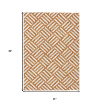 8' X 10' Orange And Ivory Geometric Washable Indoor Outdoor Area Rug