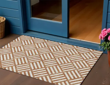 3' X 5' Orange And Ivory Geometric Washable Indoor Outdoor Area Rug