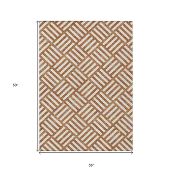 3' X 5' Orange And Ivory Geometric Washable Indoor Outdoor Area Rug