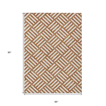 5' X 8' Orange And Ivory Geometric Washable Indoor Outdoor Area Rug