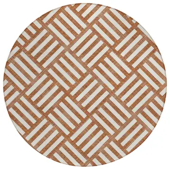 8' Orange And Ivory Round Geometric Washable Indoor Outdoor Area Rug