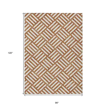 8' X 10' Orange And Ivory Geometric Washable Indoor Outdoor Area Rug