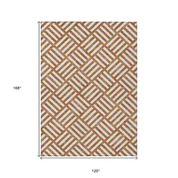 10' X 14' Orange And Ivory Geometric Washable Indoor Outdoor Area Rug