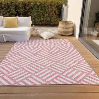 3' X 5' Pink And Ivory Geometric Washable Indoor Outdoor Area Rug