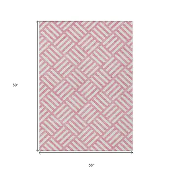 3' X 5' Pink And Ivory Geometric Washable Indoor Outdoor Area Rug