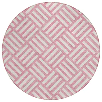 8' Pink And Ivory Round Geometric Washable Indoor Outdoor Area Rug